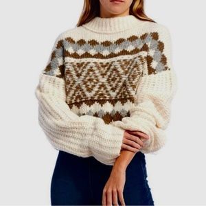 Free People Alpine Pullover Sweater Medium Crop Mock Neck Chunky Snowy Forest
